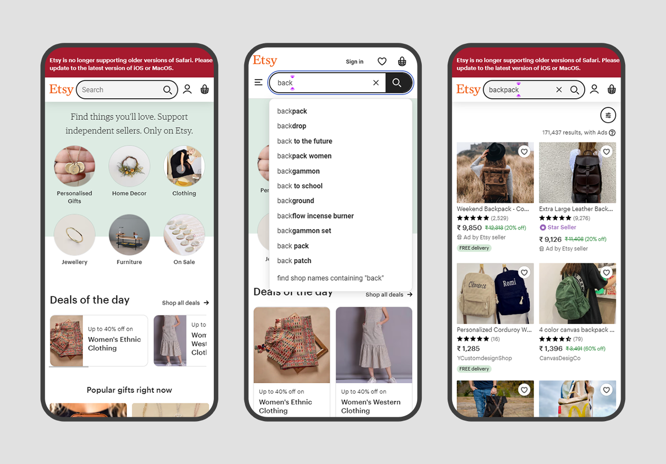 Etsy Responsive design mobile view